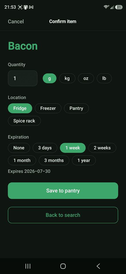Add item screen with smart defaults